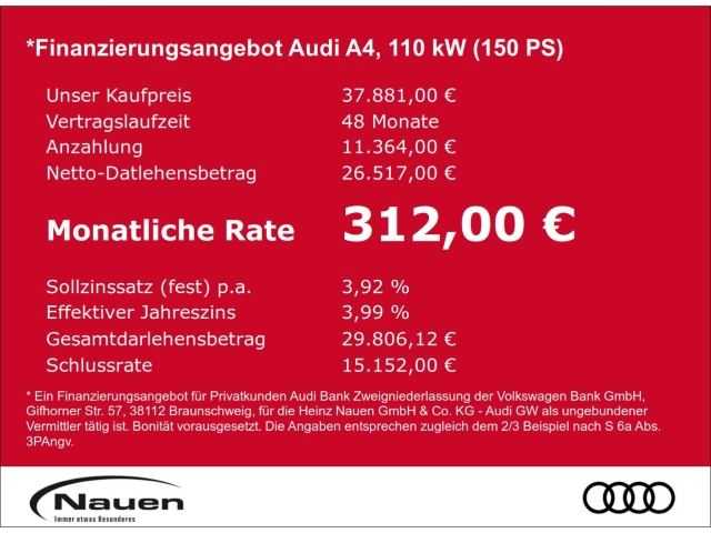 A4 Avant 35 TFSI S-line * Zins 3,99% Rate 399,- *