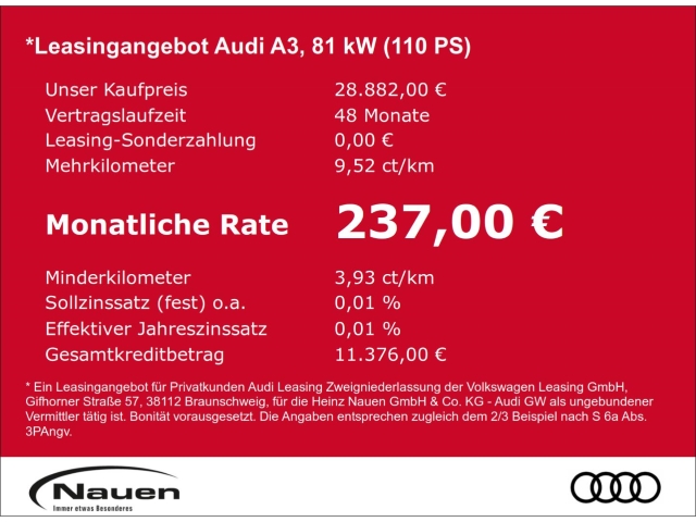 A3 Sportback 30 TFSI * Leasing 237,- *