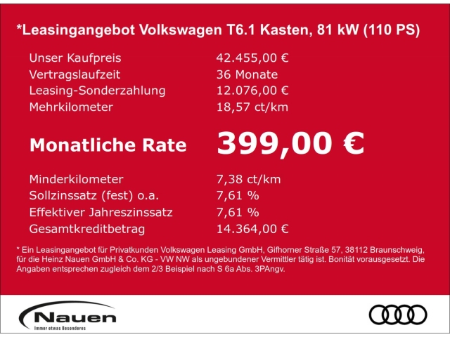 T6.1 Kasten 2,0 l TDI, 81KW *Neupreis:43.940*