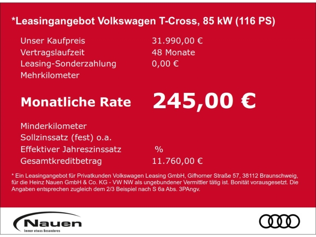 T-Cross ENERGY 1.0 TSI OPF 85 kW 7-Gang DSG * Rate 245 *